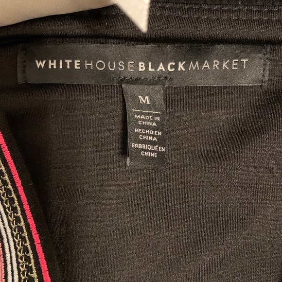 WHBM Boho Chic Dress, Black Stretch Knit, Geometric Trim, 3/4 Sleeves, Vee Neck - Picture 6 of 10